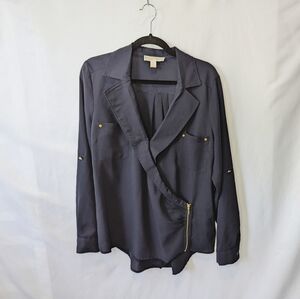 Michael Kors Women's Navy Gold Accents Wrap Blouse, size Large